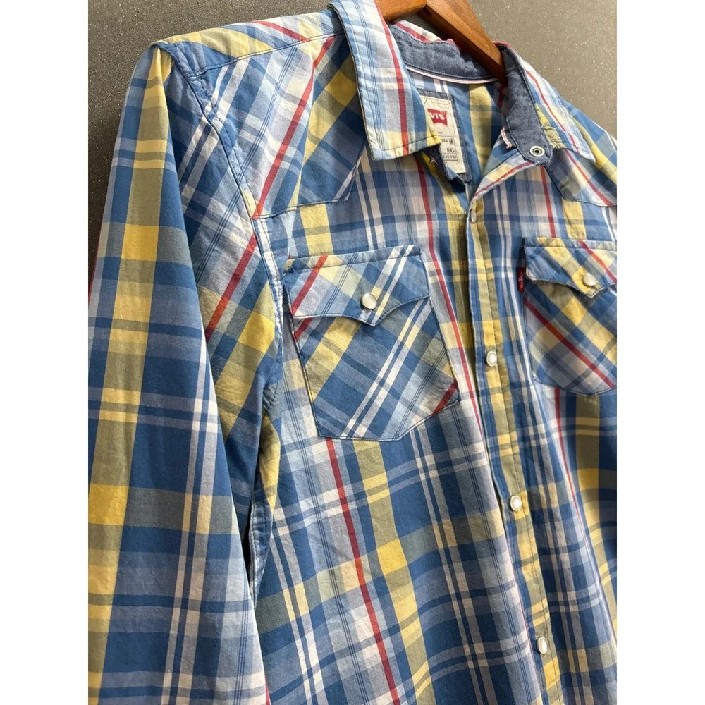 Levis Mens NEW Y2K XL Western Pearl Snap Plaid Shirt Blue Yellow Red Long Sleeve